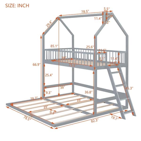 dimension image slide 2 of 3, Twin Over Twin-Twin House Bunk Bed with Ladder L-Shaped Bunk Bed