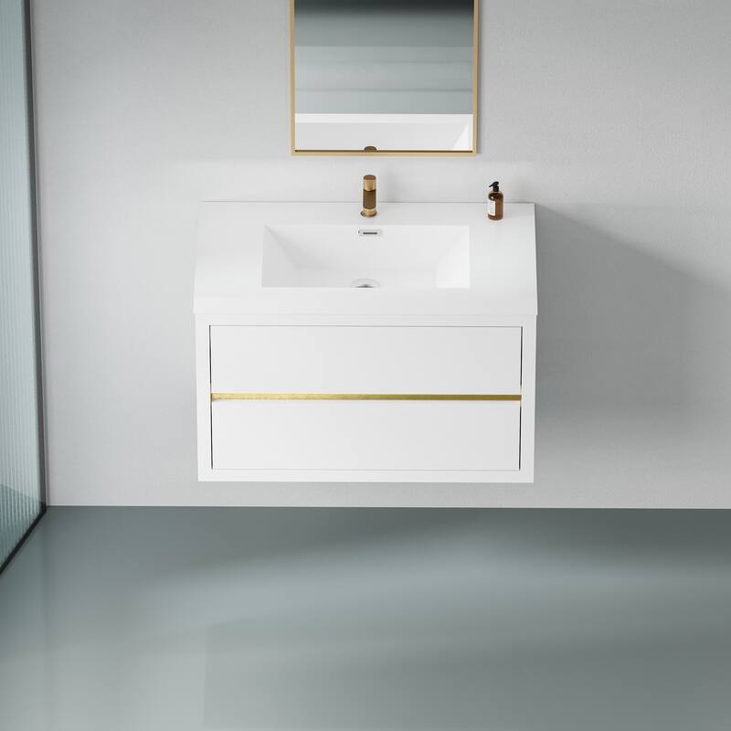 GDFStudio - Maxwell Floating Bathroom Vanity with Stone Resin Countertop & Soft-Close Drawers