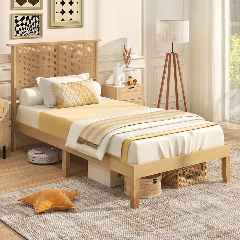 Gymax Twin/Full/Queen Size Bed Frame w/ Rattan Headboard 10 Solid Wood - Twin