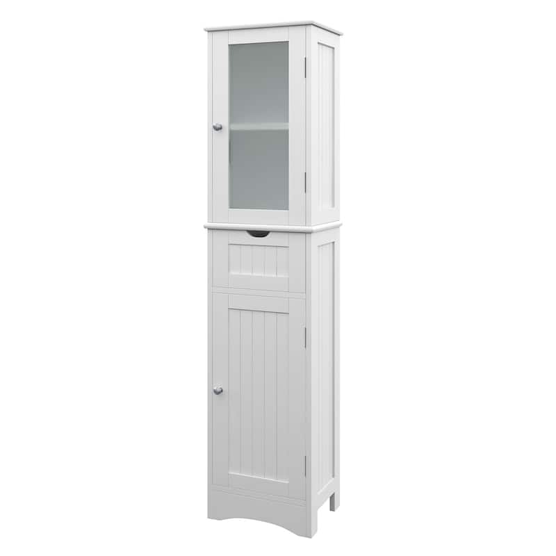 Bathroom Tall Cabinet Freestanding Linen Tower with Doors & Drawer - White