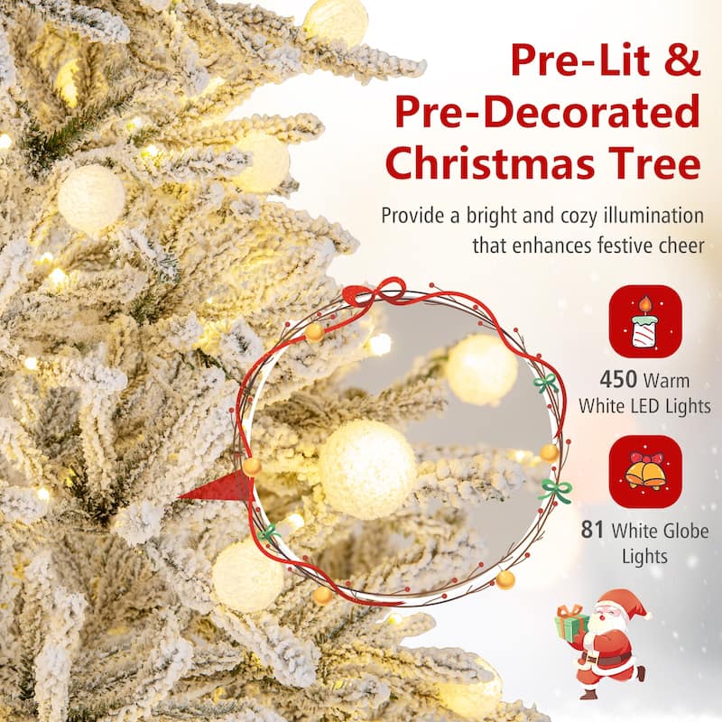 Gymax 6/7/8 FT Snow-flocked Artificial Christmas Tree w/51/65/81 - Green+White