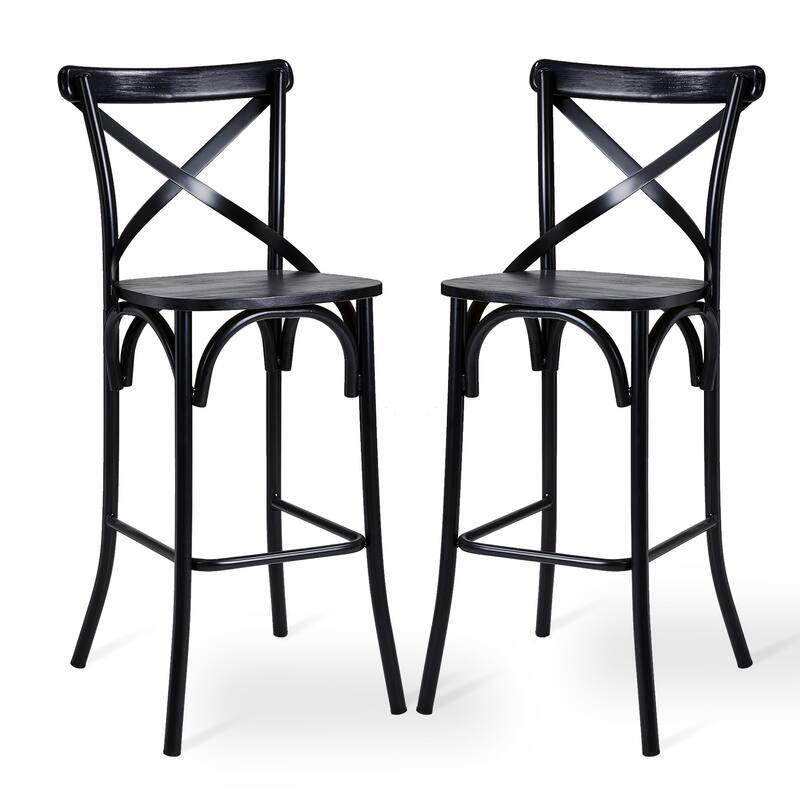 Glitzhome Industrial Metal Solid Elm Wood Seat Kitchen Bar Stool Chairs Set of 4 - Set of 2 - Black