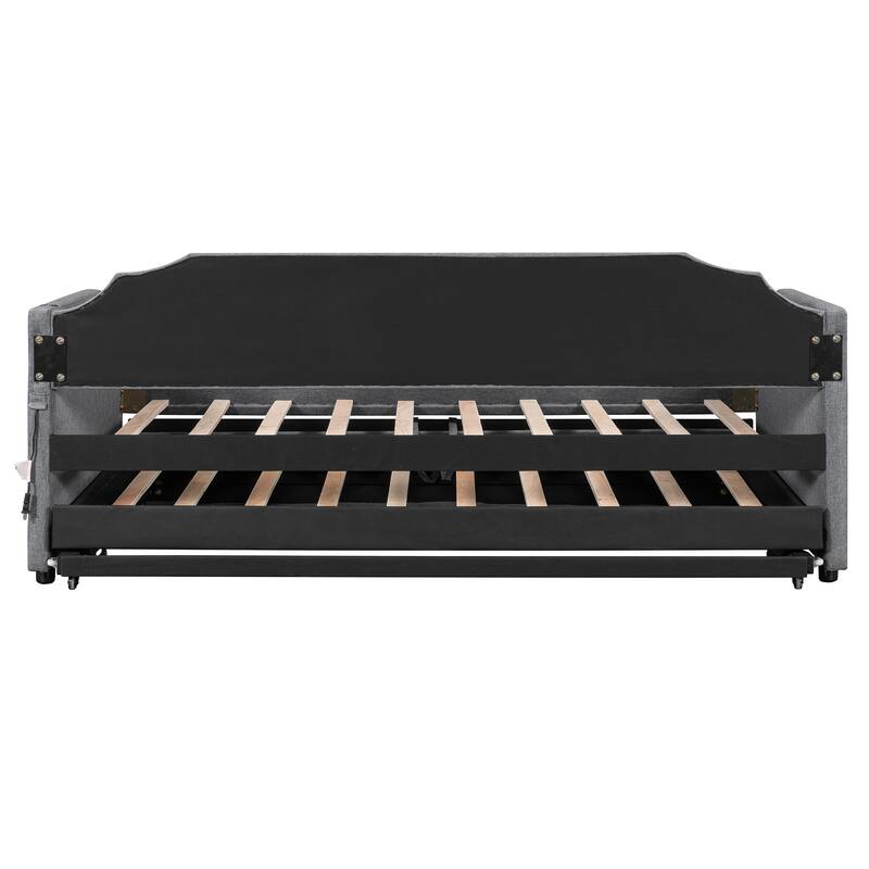 Twin Size Upholstered Daybed with Pop-Up Trundle & USB Charging Ports