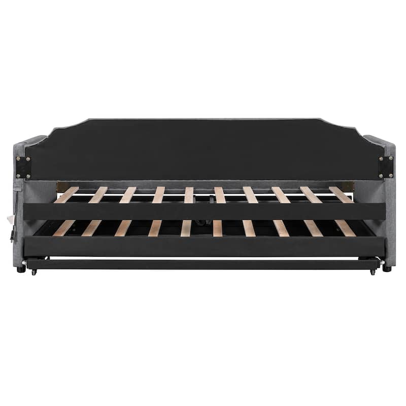 Twin Upholstered Daybed with Pop-Up Trundle, USB Charging Ports, Convertible Sofa Bed