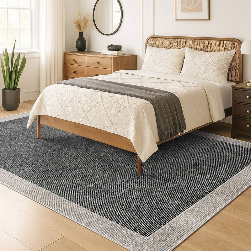 Modern Geometric Stripe Bordered Area Rug for Living Room, Bedroom, or Entryway - Low Pile Indoor Rug
