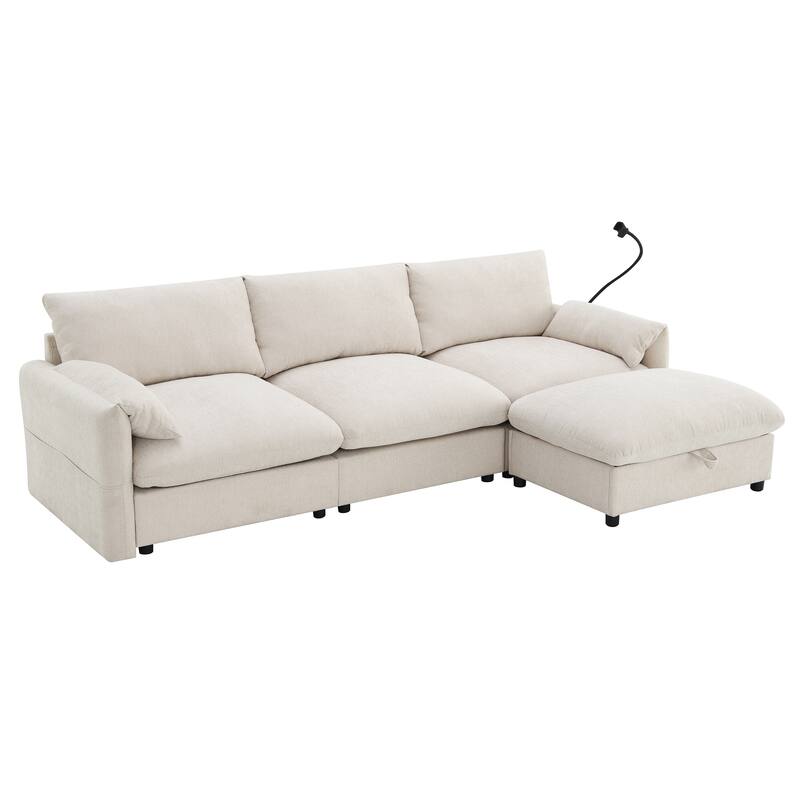 L Shaped Chenille Sectional Sofa with Storage Ottoman, Pockets, USB