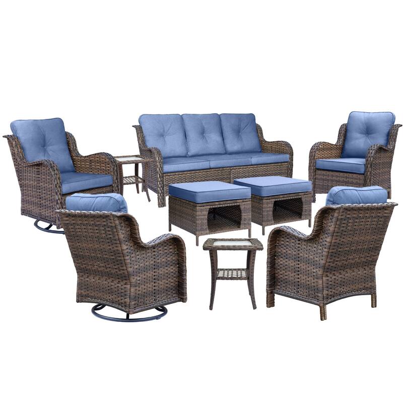 9 Piece Outdoor Wicker Patio Conversation Furniture Swivel Chairs Sets