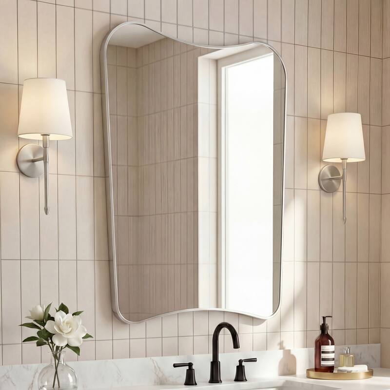 JONATHAN Y Alfie Irregular Metal Framed Wall Mounted Mirror with Flat Bottom - Nickel - 36 H x 24 W x 1.08 D