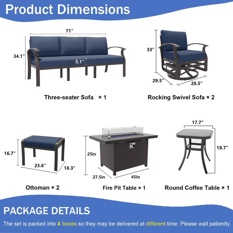 Aluminum Patio Furniture Set with Fire Pit, Ottomans & Rocking-Swivel Chairs, Modular Sofa with Thick Cushions