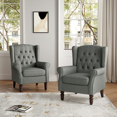 Button Tufted Armchair Wingback Wood legs Accent Chairs (Set of 2)