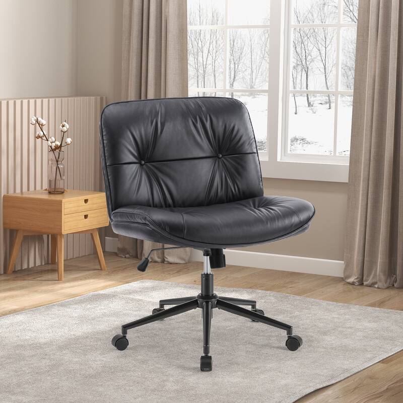 Armless Office Desk PU Leather Wide Seat with Wheels - Black