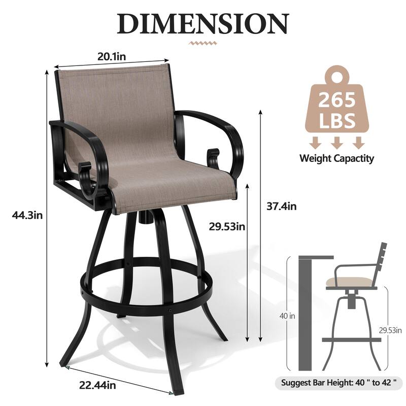 VredHom Outdoor Patio Bar Stools Swivel Bar Chair Sunbrella Textilene Sling - 20.1 in W x 44.3 in H