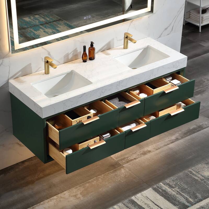 60 Inch Solid Wood Frame Wall-Mounted Bathroom Vanity Set with Double Ceramic Basin