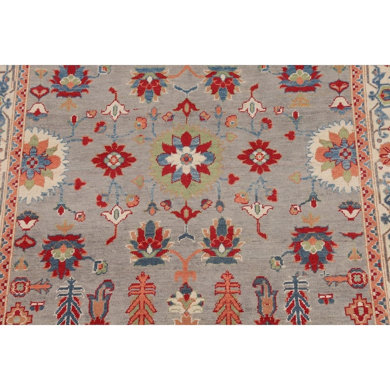 Floral Kazak Area Rug Handmade Traditional Grey Wool Carpet - 5'0" x 6'5"