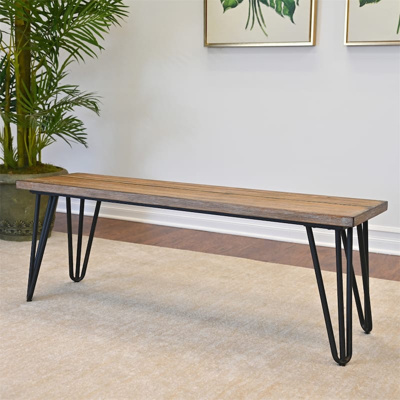 Industrial Wood Dining Bench, Rustic Dark Pine Finish