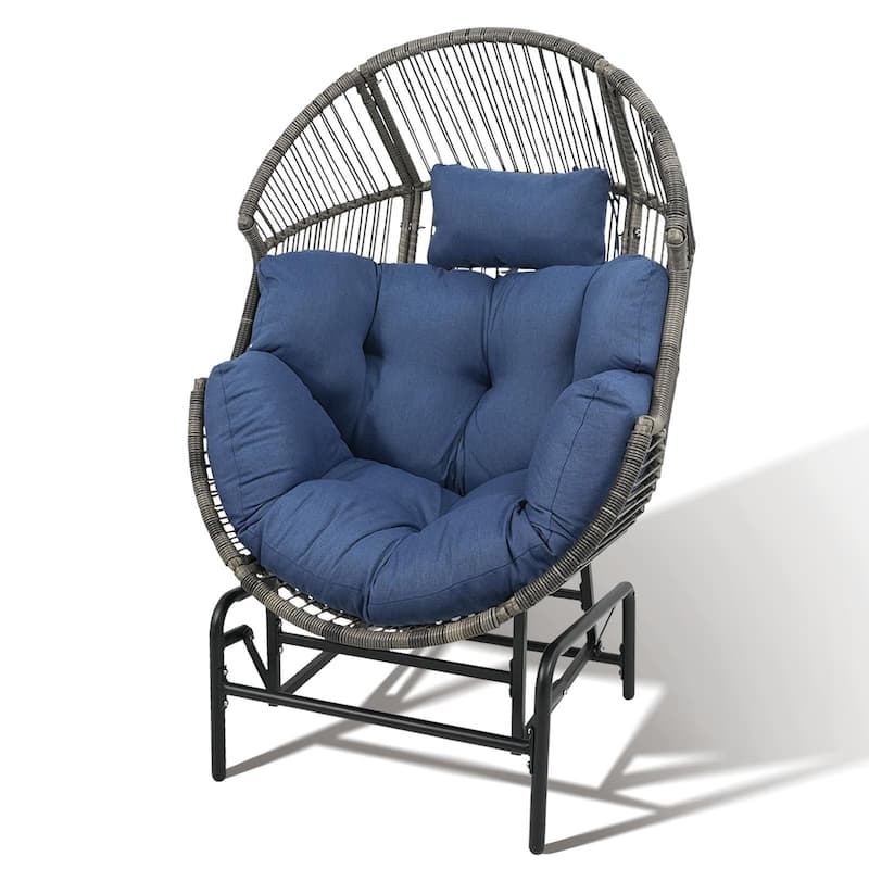 Outdoor Glider Egg Chair with Blue Cushion - Grey