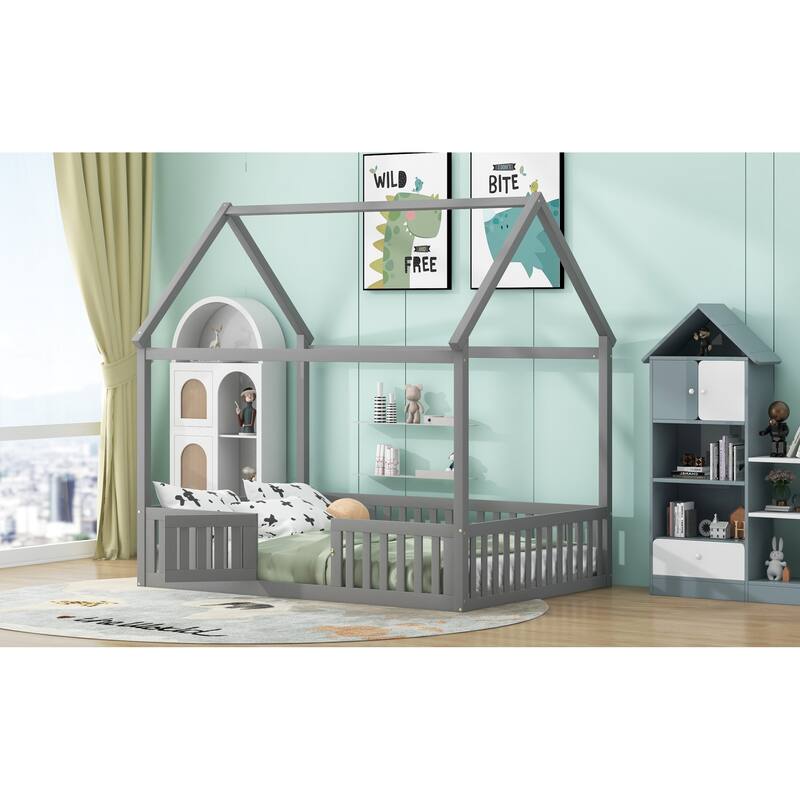 Roomfitters Full Size Wood House Bed with Fence Guardrails and Door, Distressed Gray