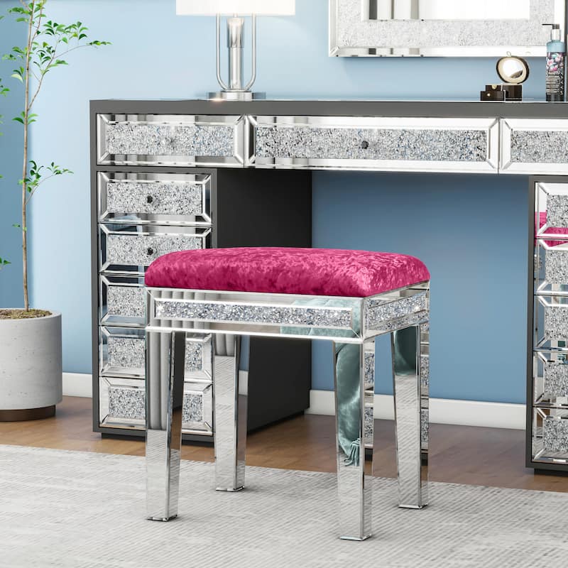 Mirror Diamond Vanity Stool with Velvet Upholstered Seat - Pink