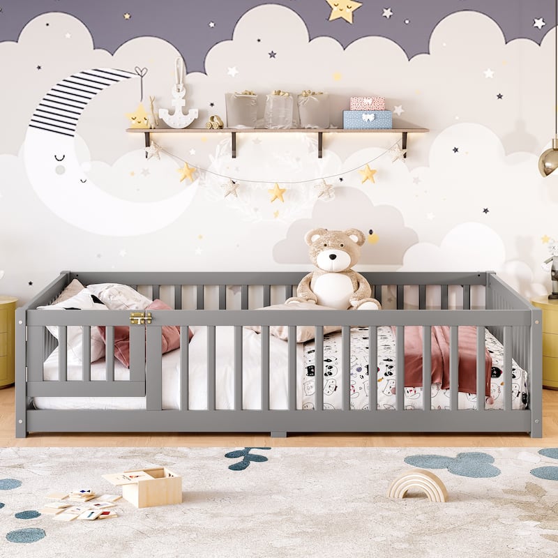 Full Size Bed Floor Bed with Safety Guardrails and Door for Kids - Gray