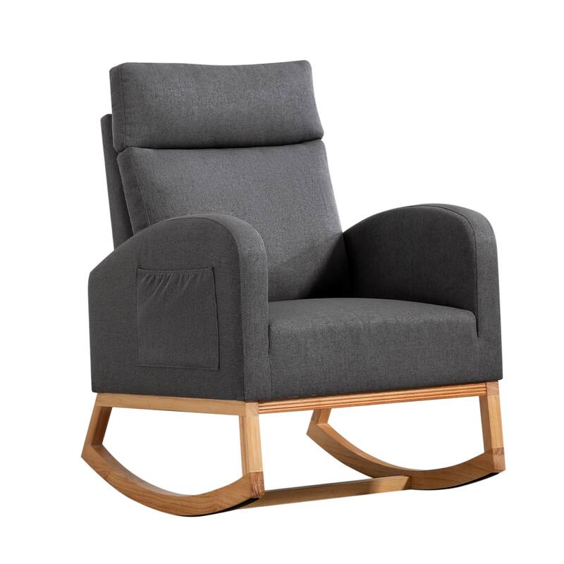 Nursery Chair Rocking Chair Glider Chair, Upholstered Accent Chair with Rubber Wood Legs, Comfy High Backrest, Side Pockets