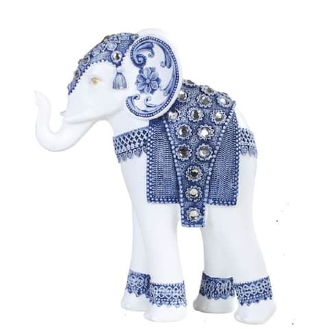 Q-Max 9"H Standing Long Legged Elephant with Decorative Gem Statue Slim Elephant in Blue and White Feng Shui Decoration Figurine