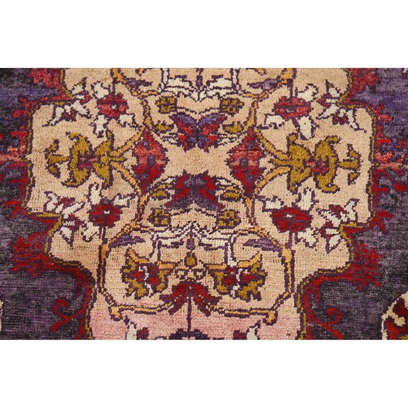 Hand Knotted Oriental Silk Carpet Transitional Medallion Purples Anatolian Area Rug - 5' 2'' X 4' 0''