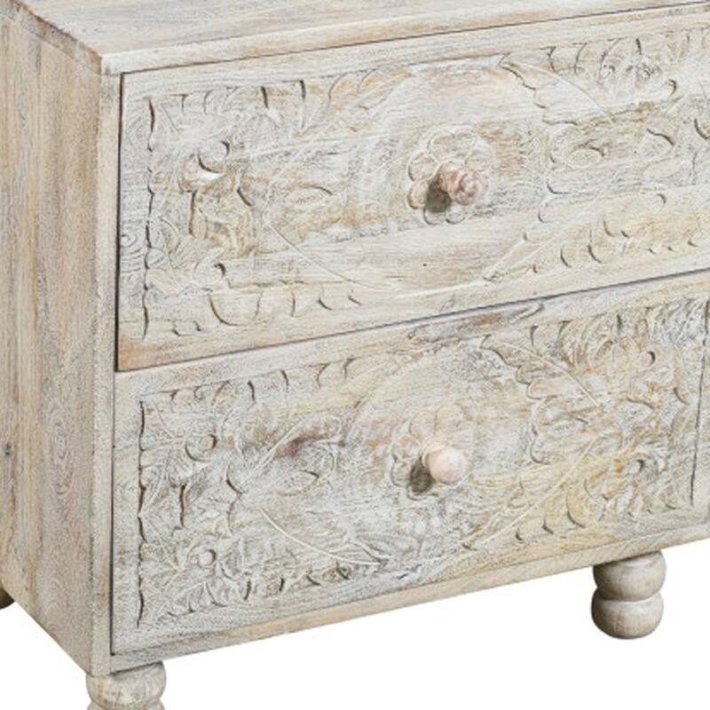 HomeRoots 24" Natural And White Solid Wood Distressed Carved Scrollwork Two Drawer Nightstand