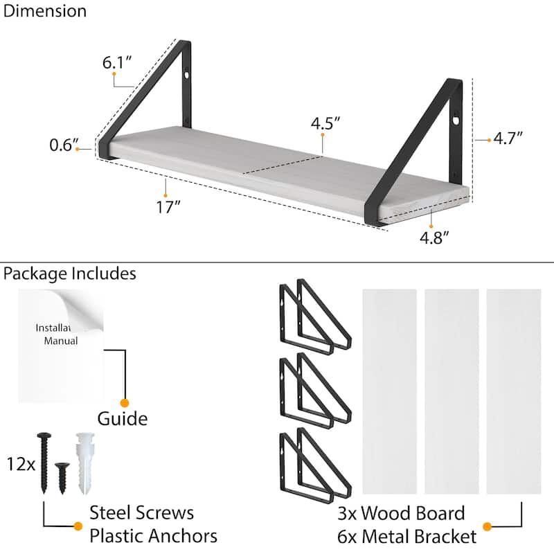 Wallniture Ponza 17"x4.5" Wall Shelves for Bathroom Decor, White, Set of 3