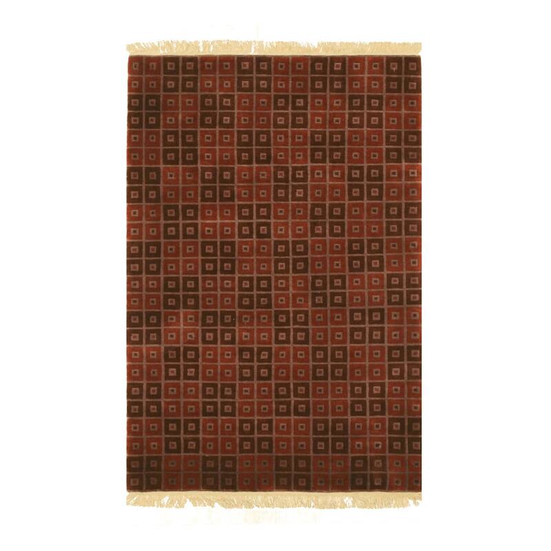 Red Hand Knotted Wool Contemporary Rug, 4'0 x 5'10 - Modern Artisan Weave for Bold Interior Accents - L