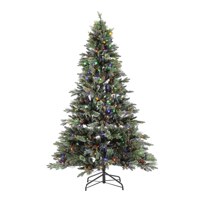 SAFAVIEH 7.5 Ft, Green, Pre-Lit Artificial Christmas Tree With Pine Cones - 56"W x 56"D x 90"H