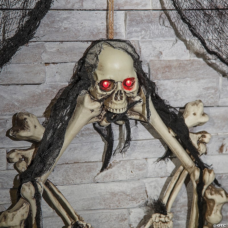 Pre-Lit Battery Operated Skeleton Artificial Halloween Wreath - 16.5" - Red Lights