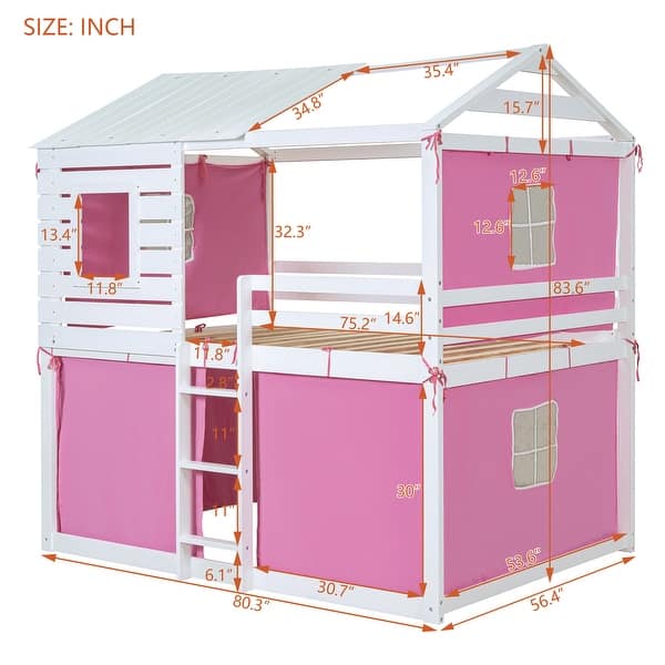 Pink+White Full Size Solid Wood House Bunk Bed with Tent, Ladder, and Fence