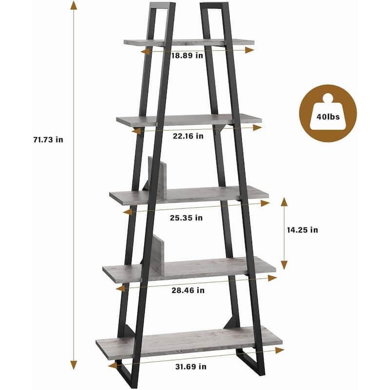 5-Tier Metal Ladder Bookshelf, Rustic Bookcase with Open Display Shelves