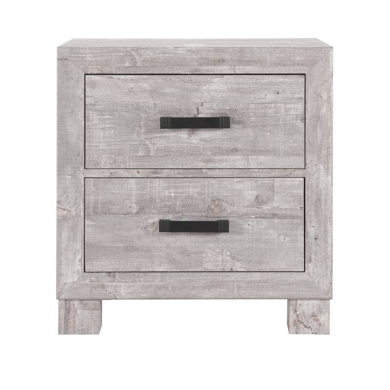 24" Grey Rustic Wood Nightstand with Metal Handles and 2 Drawer Storage Table for Bedroom or Hallway