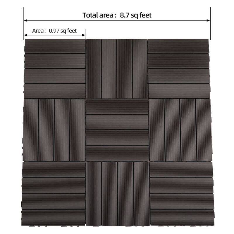 9 PCS heavy-duty & recyclable Wood-Plastic Interlocking Deck Tiles 11.8" x 11.8"- Waterproof Outdoor and Indoor Flooring