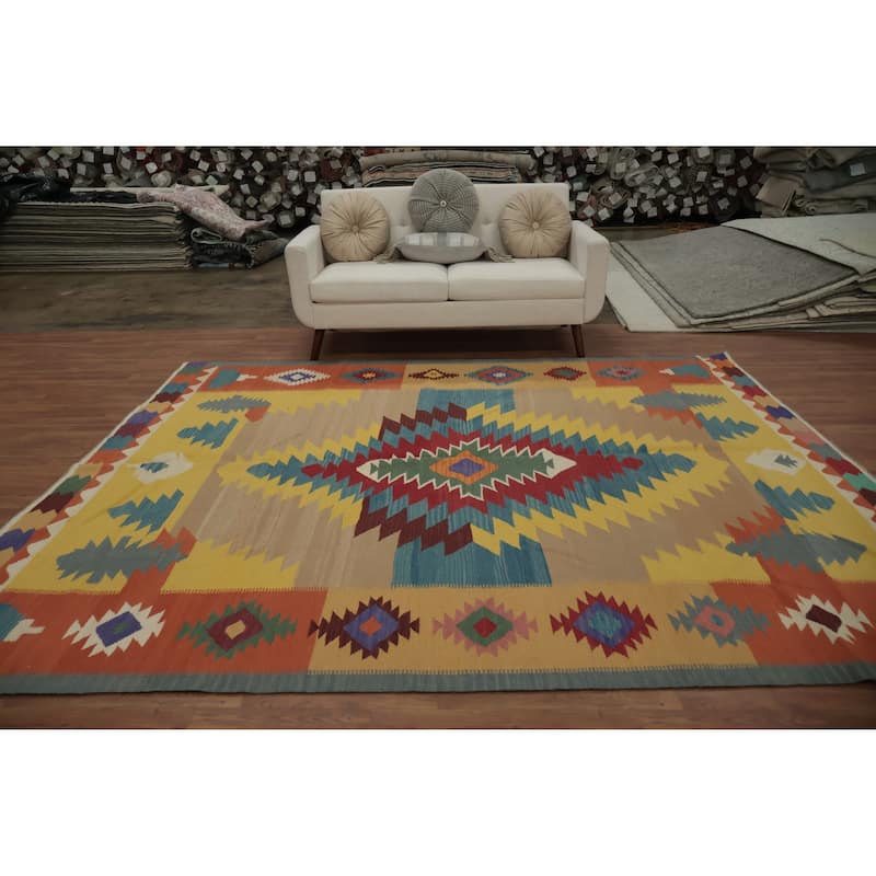 Hand Woven Oriental 100% Wool Carpet Southwestern Tribal Multi-Colored Kilim Area Rug - 9' 9'' X 8' 0''