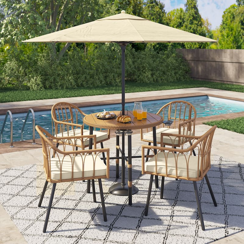Moasis 5-piece Rattan Outdoor Patio Dining Set, Wicker Dining Chairs Table with Umbrella Hole