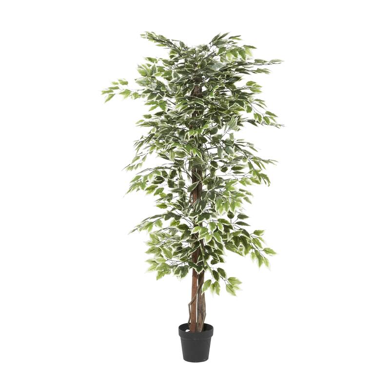 Green Faux Foliage Ficus Artificial Tree with Realistic Leaves and Black Plastic Pot