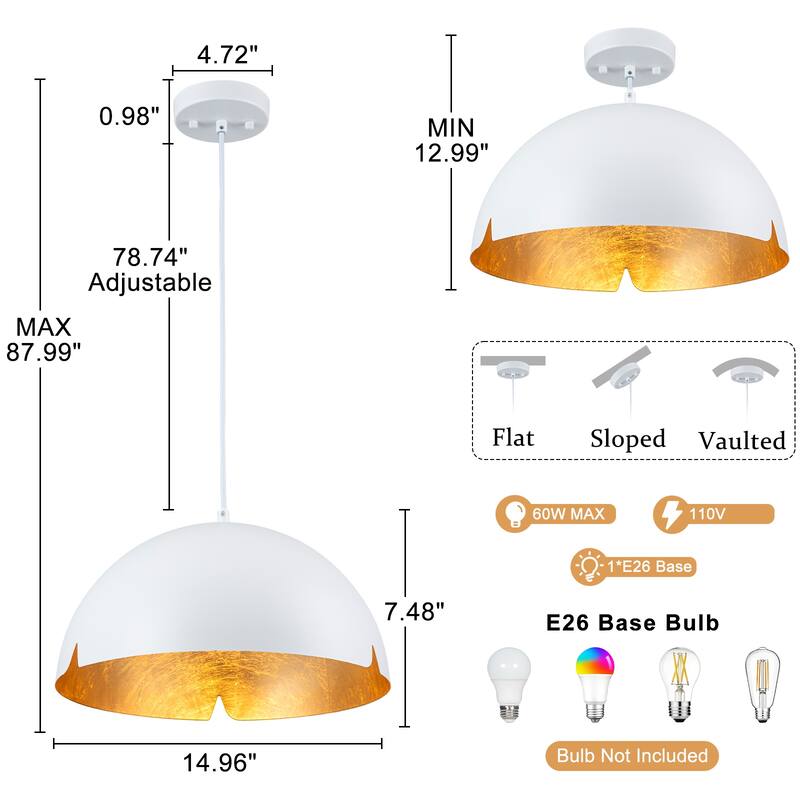 Modern 15" Iron Dome Pendant Light with Gold Foil Interior - Dia.15-in