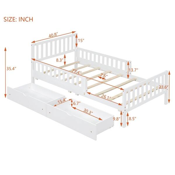 dimension image slide 1 of 2, Twin Size Kids Platform Bed with 2-Storage Drawers, Wood Children Bed Frame with Guardrails on Both Sides for Bedroom, White