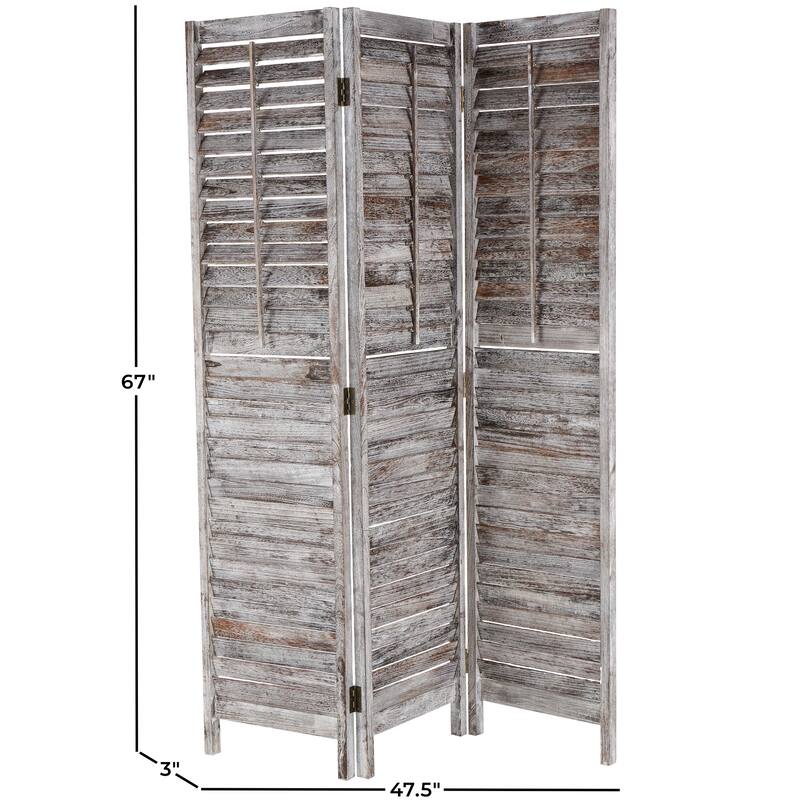 Gray Wood Distressed Shutter Top 3 Panel Partition Room Divider Screen with Brown Accents