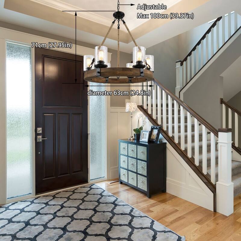 Rustic 6 Light Wagon Wheel Chandelier with Seeded Glass Shade - 24.8in