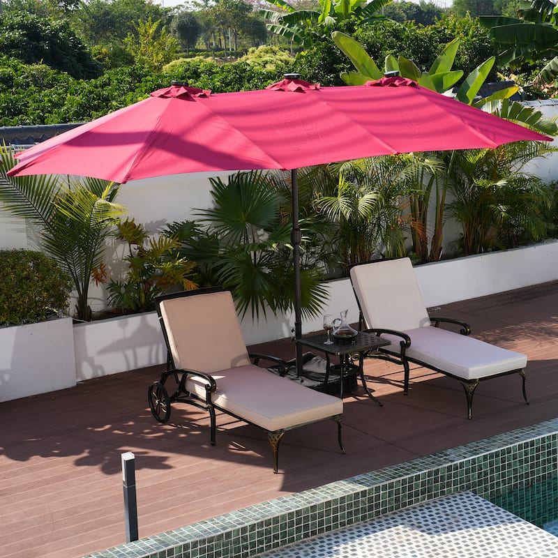 Clihome 15FT Double-Sided Solar Light Market Crank Umbrella with Base