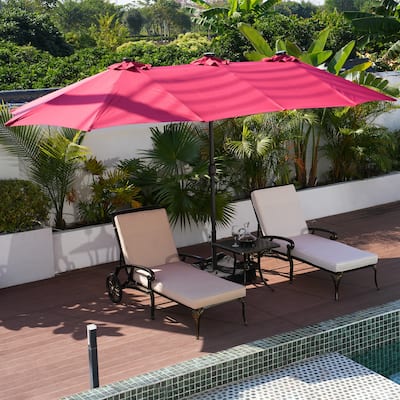Clihome 15FT Double-Sided Solar Light Market Crank Umbrella with Base