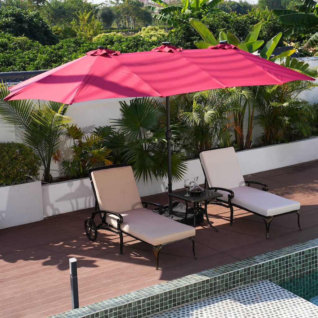Clihome 15FT Double-Sided Solar Light Market Crank Umbrella with Base