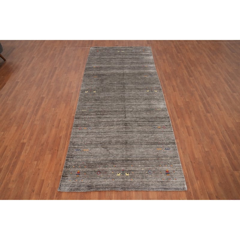 Hand Knotted Oriental Viscose Silk Carpet Tribal Animal Pictorial Beige & Ivories Gabbeh Area Rug - 11' 8'' X 4' 11''