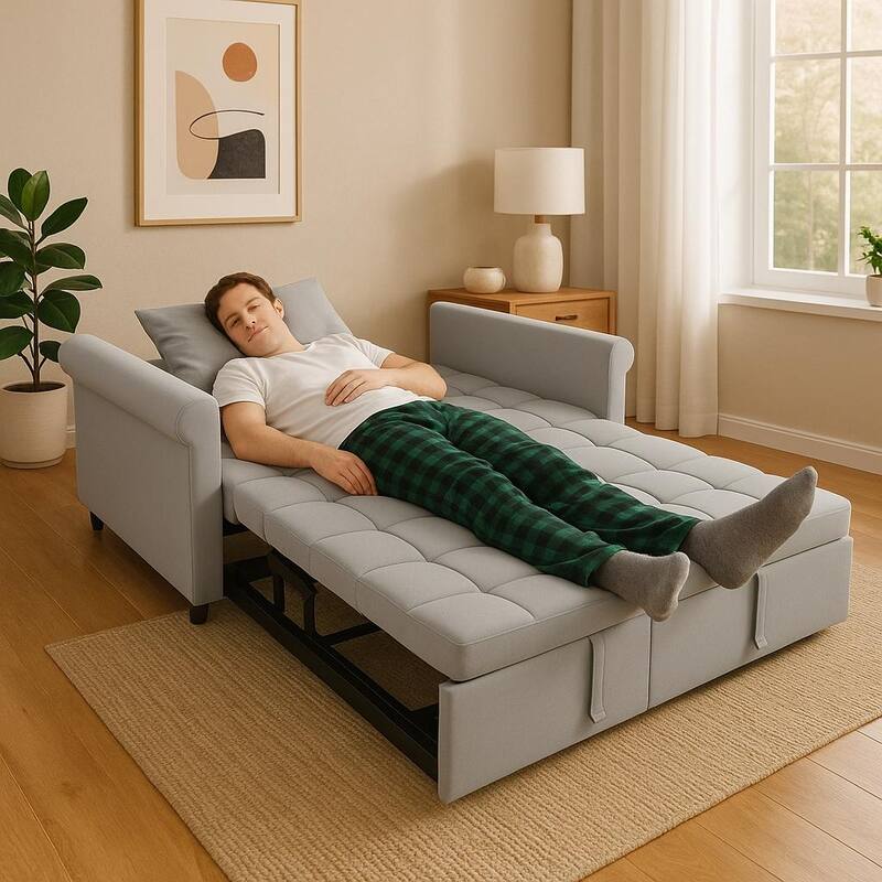 Velvet 2-Seater Sofa Bed, Pull-Out Couch Loveseat with Scroll Arms, Sleeper Sofa with Adjustable Backrest