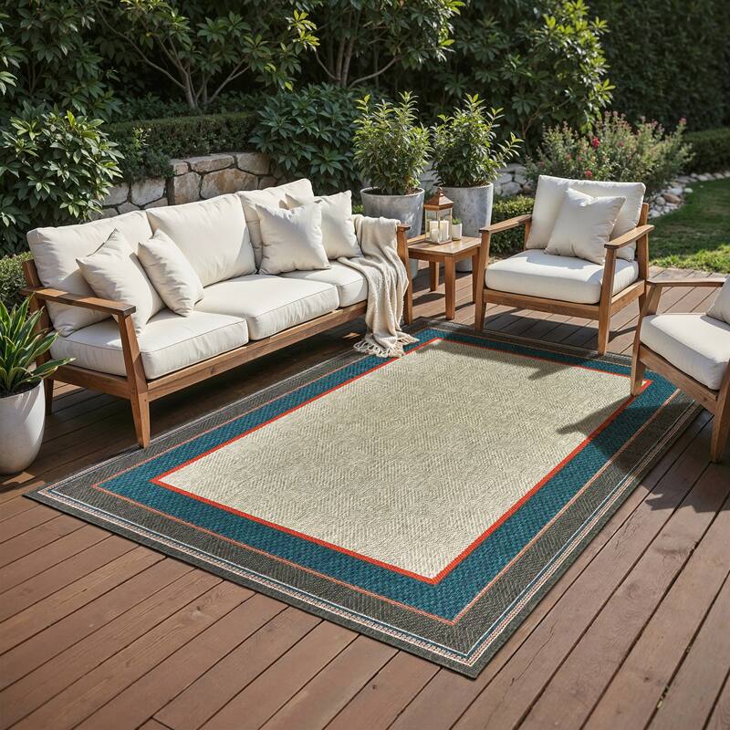Vista Home Higgins Bordered Grey/ Blue Indoor/ Outdoor Area Rug - 5' 3" x 7' 3" - Rectangle