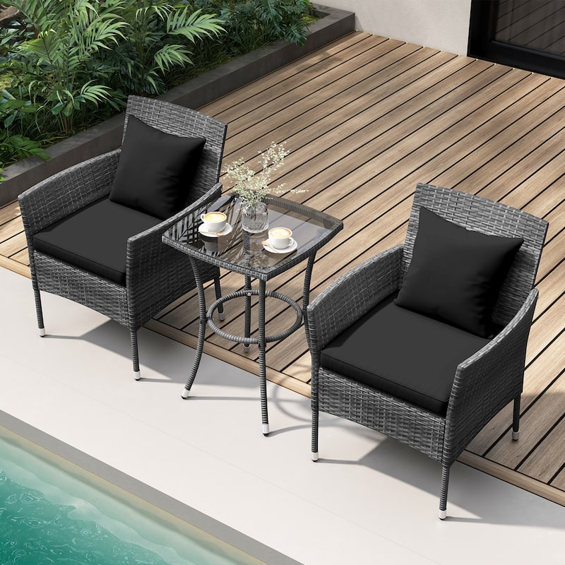 3 Piece Patio Set with Cushioned Chairs and Glass Top Coffee Table - 20" x 20" x 28" - Black-Grey