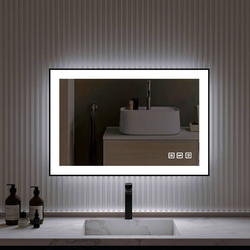 Organnice Rectangular Framed LED Anti-Fog Bathroom Wall Mirror in Black with Backlit and Front Light - 28"*36"